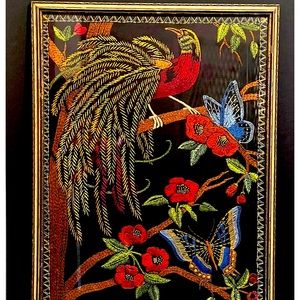 Antique Framed Original Crewel Needlewk Peacock, Butterflies Nature 19x14.5" Art
